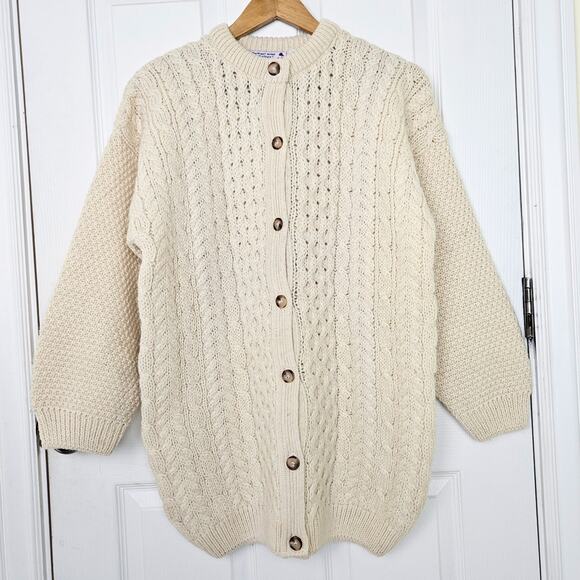VTG Ivory 100% Wool Cardigan Chunky Fisherman Made in Scotland Cottage Womens M - Picture 1 of 10